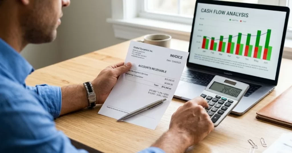 A business owner in soft daylight uses a calculator and reviews an invoice to determine how to calculate invoice factoring fees accurately.