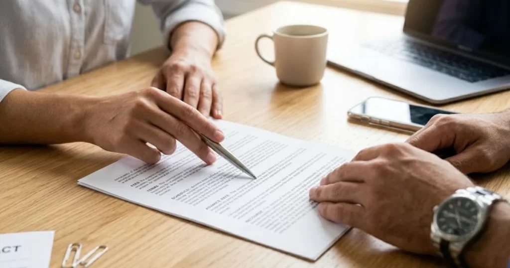 A close-up view of business partners closely examining a contract’s fine print to identify hidden costs and calculate invoice factoring fees accurately.