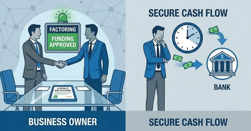 A confident business owner shaking hands with a smiling professional in front of a brightly lit 'FACTORING FUNDING APPROVED' digital safe, symbolizing secure cash flow and peace of mind.