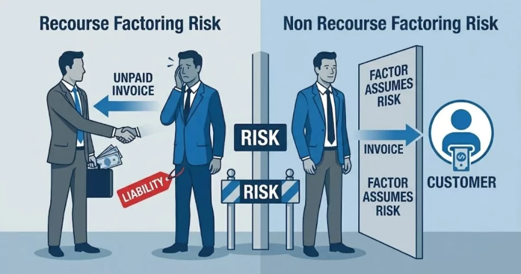 A diagram explaining the risk flow in non recourse vs recourse factoring. It shows how an unpaid invoice creates liability for the business owner in a recourse agreement.