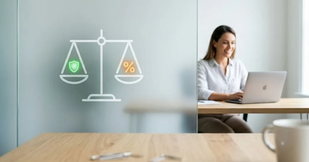 A frosted glass wall graphic showing a scale balancing risk protection and cost, symbolizing how recourse terms help businesses calculate invoice factoring fees accurately.