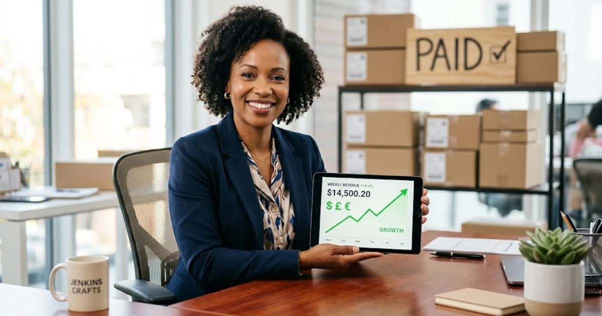 A relieved small business owner reviewing positive cash flow on a tablet, illustrating the benefits of good average invoice factoring rates for small business.