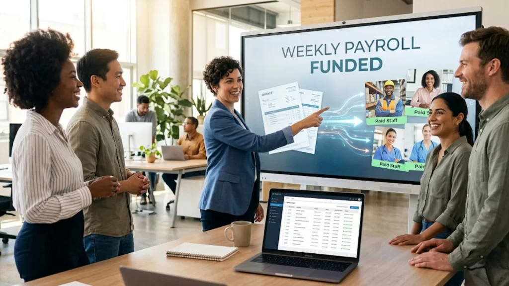 A team leader presenting weekly payroll funding confirmation on a digital whiteboard to a group of happy employees in a bright modern office.