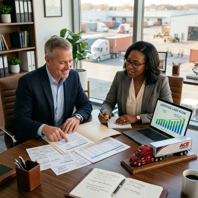 A trucking business owner and a financial advisor reviewing logistics agreements and cash flow charts at a modern office desk.