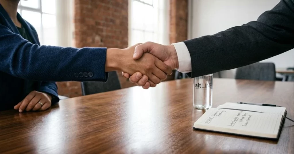 Business partners shaking hands on a flexible invoice factoring agreement for a startup with poor credit.