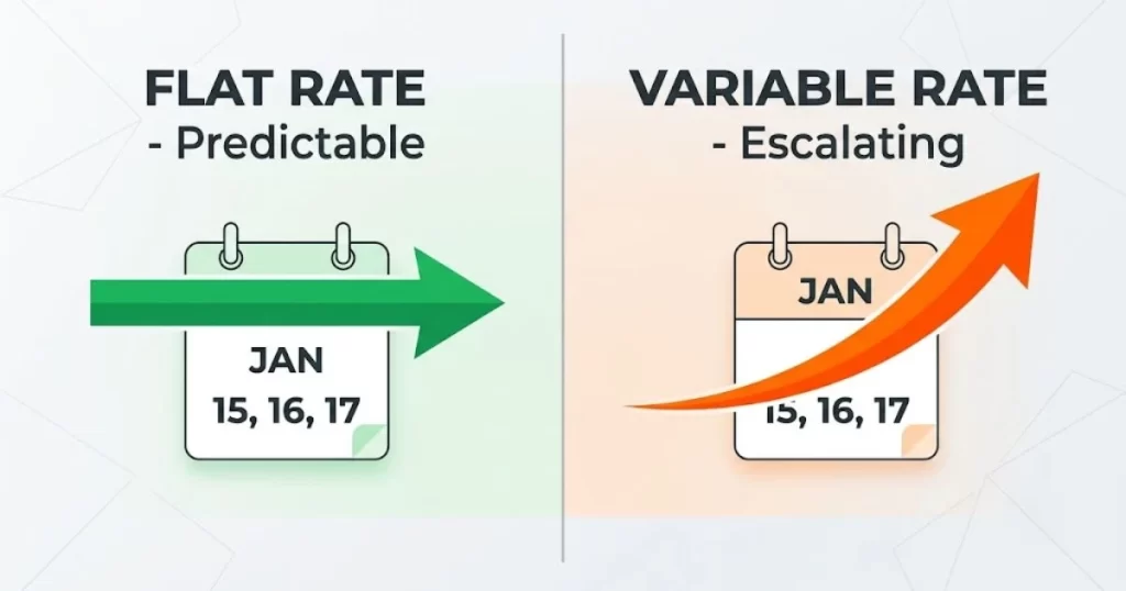 Comparison chart between flat and variable structures for average invoice factoring rates for small business.