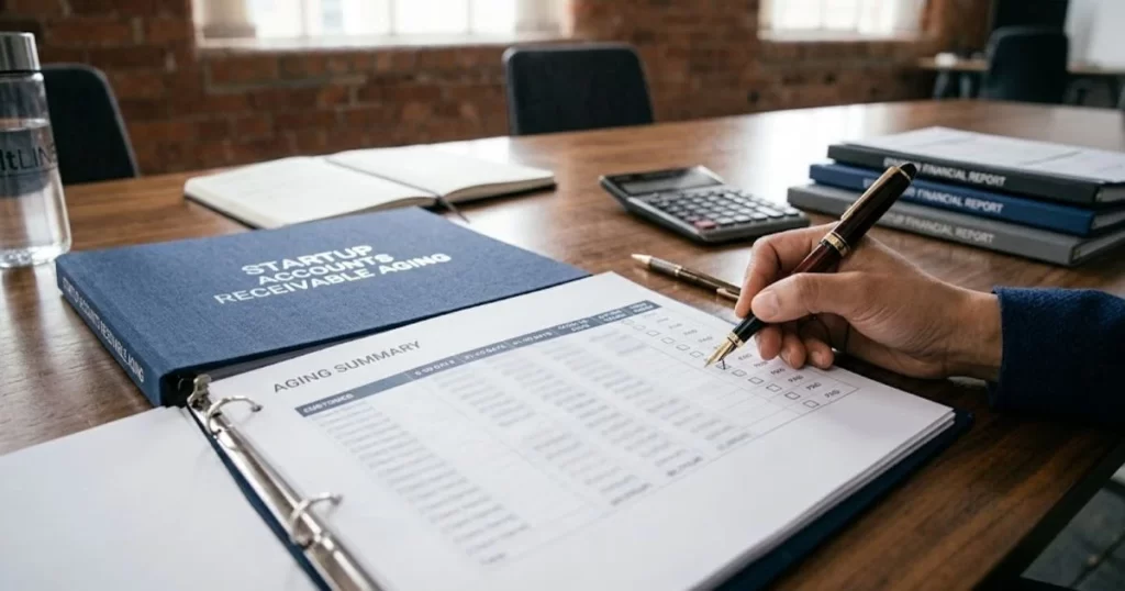 Entrepreneur organizing aging accounts receivable reports for a factoring application.