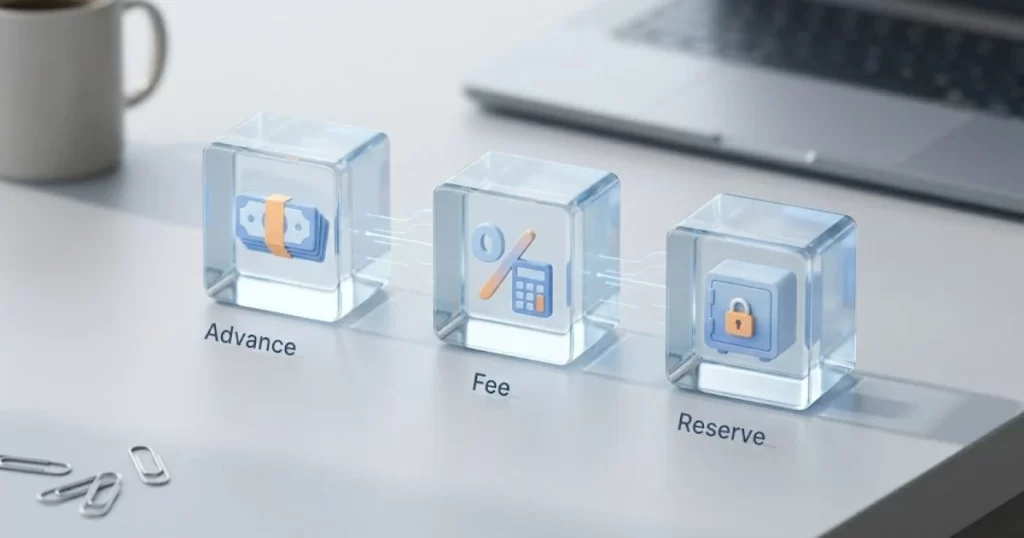 Isometric illustration showing the core components used to calculate invoice factoring fees accurately advance rate, discount rate, and reserve account.