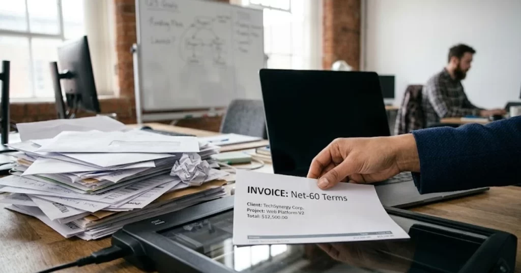 Startup owner submitting net-60 business invoice to factor for immediate cash.