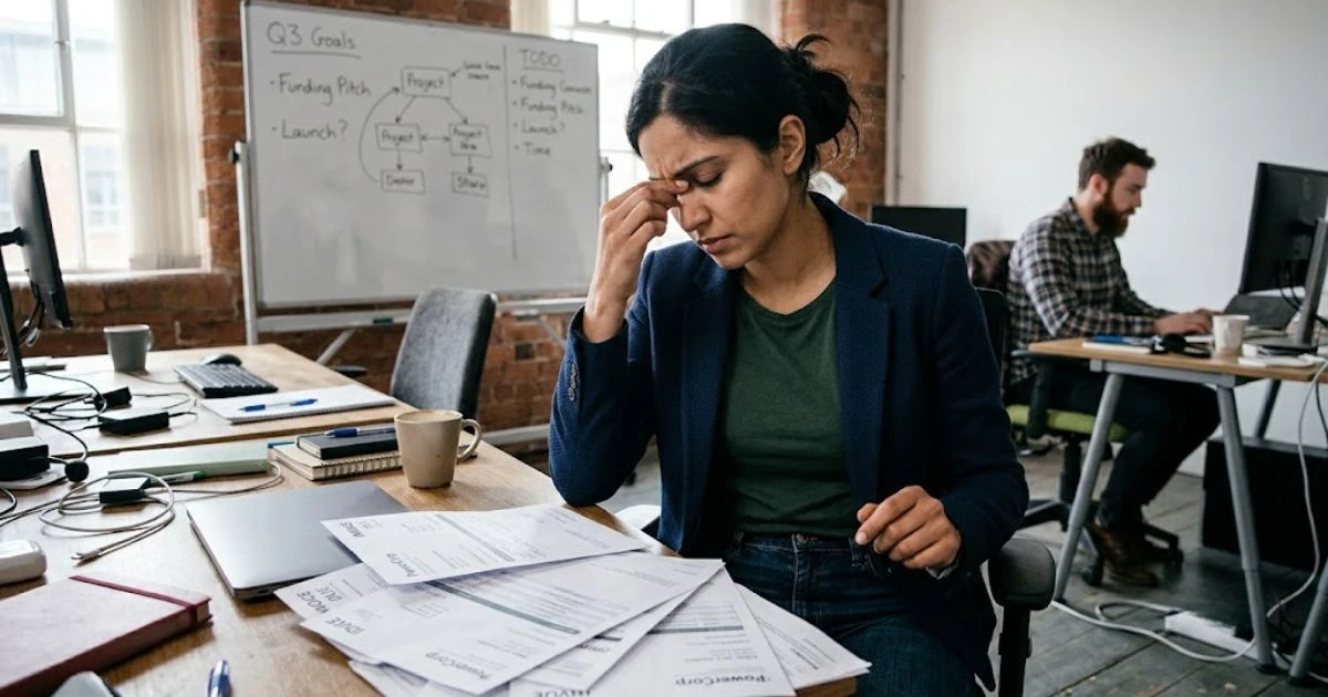 Stressed startup entrepreneur with bad credit reviewing unpaid best invoice factoring for startups with bad credit.