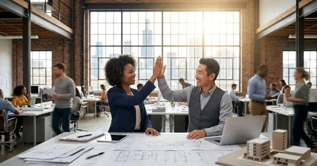 Successful business partners shaking hands, having used competitive average invoice factoring rates for small business to fuel company growth.