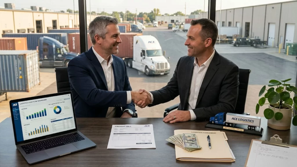 Two business partners shaking hands over an office desk with freight documents and a logistics dashboard on a laptop while a semi truck drives by the window outside.