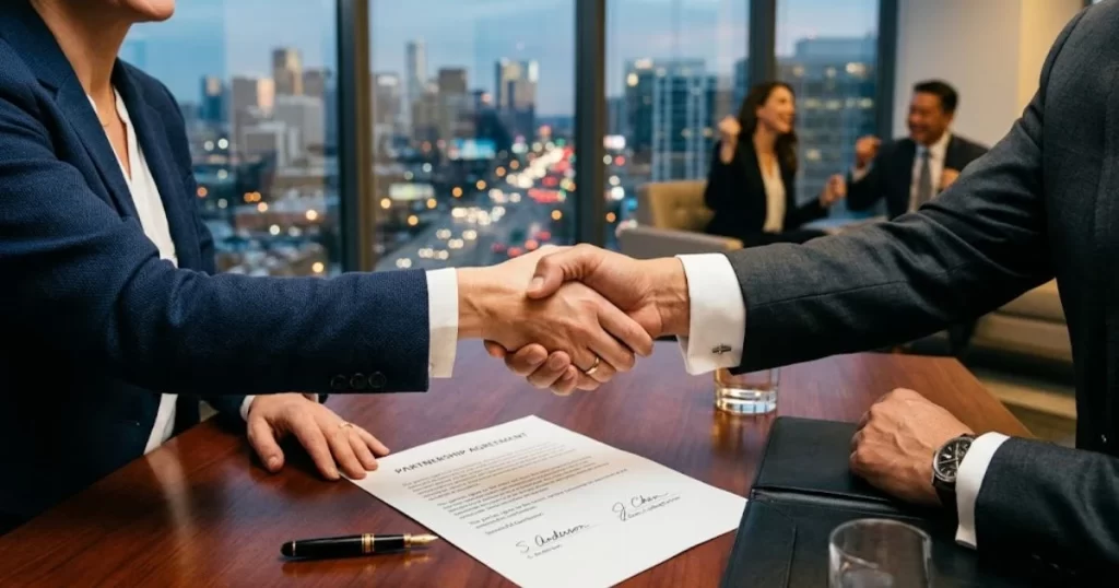 A determined business owner shaking hands on a private business funding agreement.