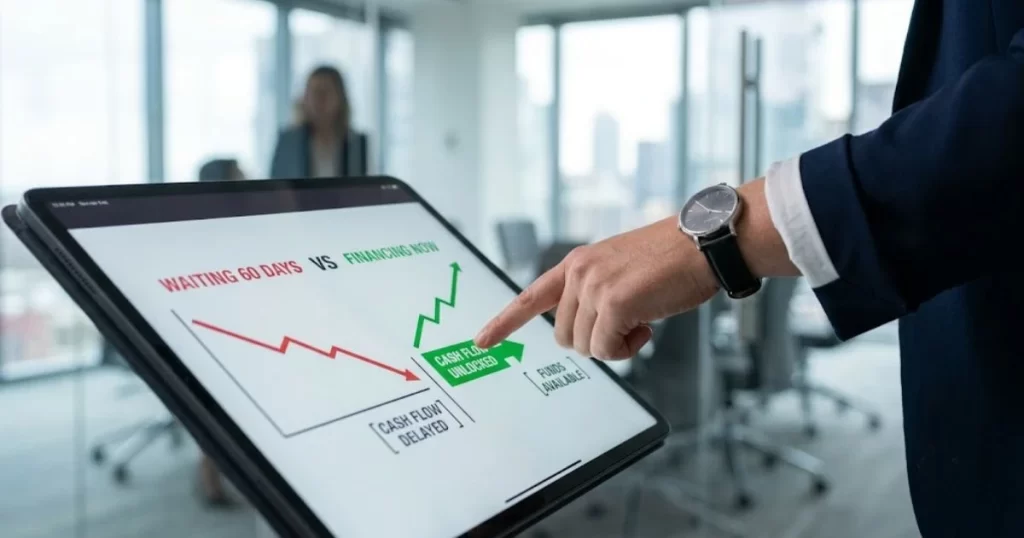 A financial consultant pointing to a comparison chart on a tablet, explaining how to unlock working capital from Net 60 invoices quickly.