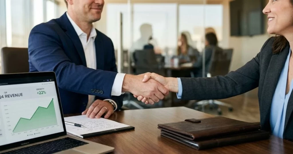 A firm, professional handshake over a conference table, symbolizing a successful partnership after selecting the right provider for factoring B2B invoices.