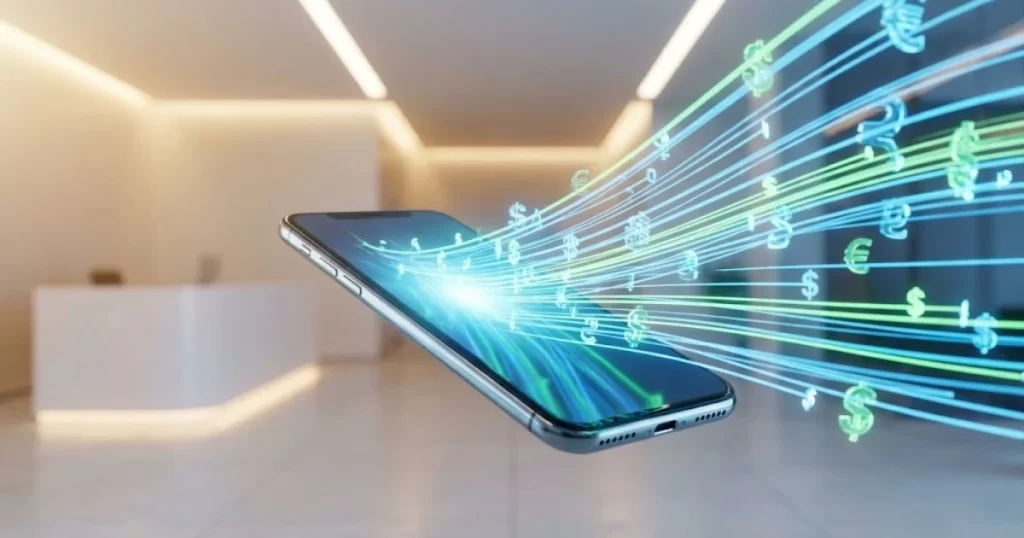 A futuristic visualization showing a glowing smartphone rapidly processing data streams that turn into currency.