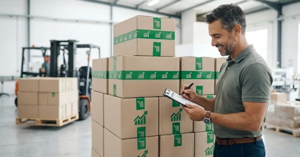 A happy warehouse manager standing next to a large stack of new inventory boxes, checking his digital clipboard.