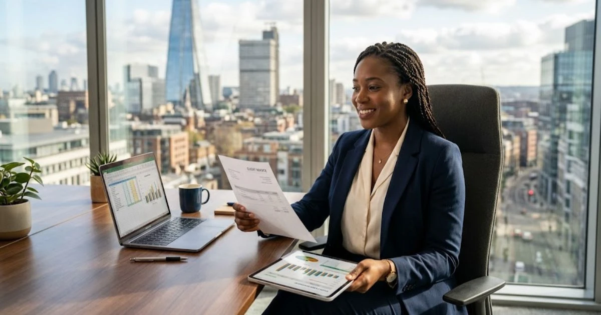 A professional woman confidently managing cash flow and reviewing an unpaid B2B invoice at her desk.
