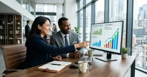 A small business owner and financial advisor reviewing optimized cash flow data on a screen, demonstrating how does invoice discounting work for small business.