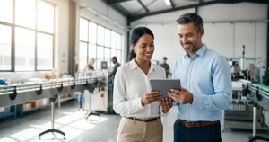 A smiling entrepreneur couple in a bright, modern office reviewing data on a tablet, representing successful business growth using fast alternative business funding solutions.