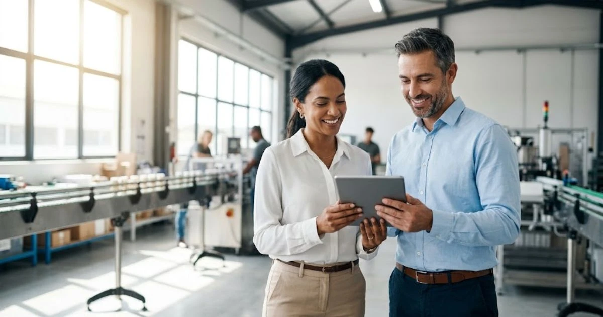 A smiling entrepreneur couple in a bright, modern office reviewing data on a tablet, representing successful business growth using fast alternative business funding solutions.