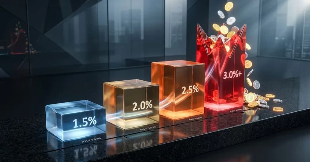 A stylized 3D visualization showing escalating transparent steps, representing how tiered factoring fee structures can rapidly increase borrowing costs over time.