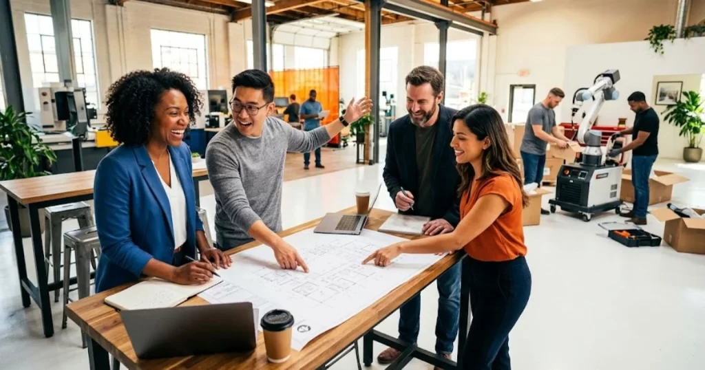 A thriving business team actively planning their next project expansion, showing the results of stable working capital accessed through no minimum volume invoice factoring.