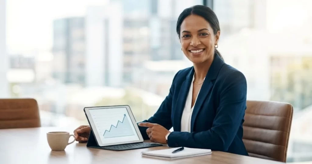 A trustworthy commercial finance specialist smiling and gesturing toward a financial chart on a tablet.