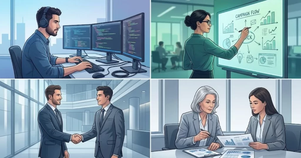 A visual composite illustrating the primary sectors using factoring invoices for B2B service companies IT, Agency, Staffing, and Consulting.