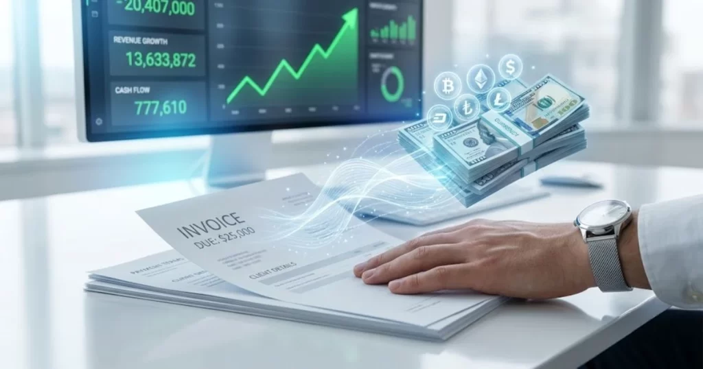 An abstract visual representation of factoring invoices, turning paper B2B receivables into immediate liquidity and a positive cash flow graph. (2)