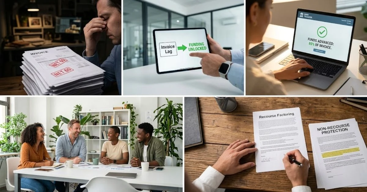 An interactive digital smartboard screen showing a step-by-step flowchart on how to finance net 60 invoices quickly while a professional team collaborates in an office.