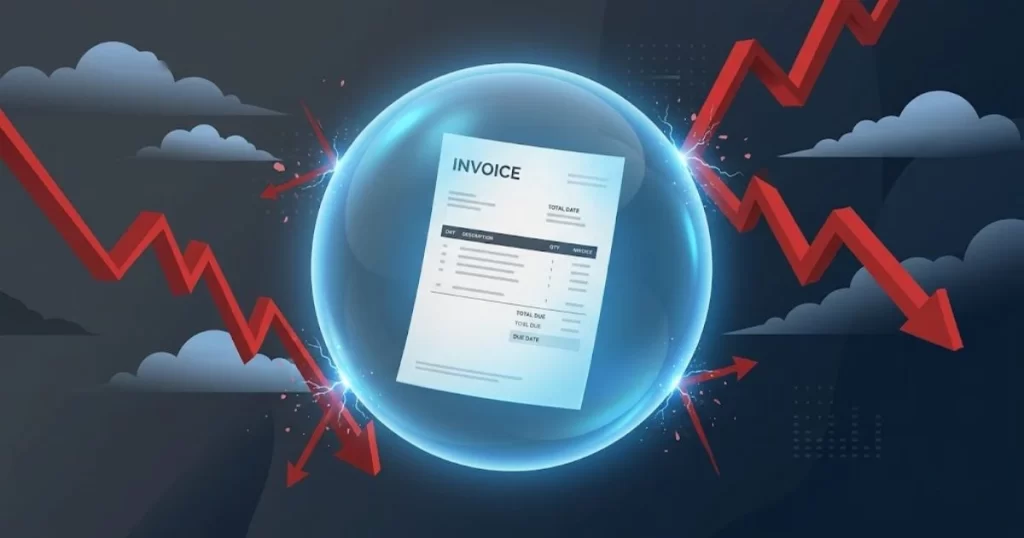 An invoice protected by a shield from bankruptcy symbols, visualizing non-recourse factoring protection.