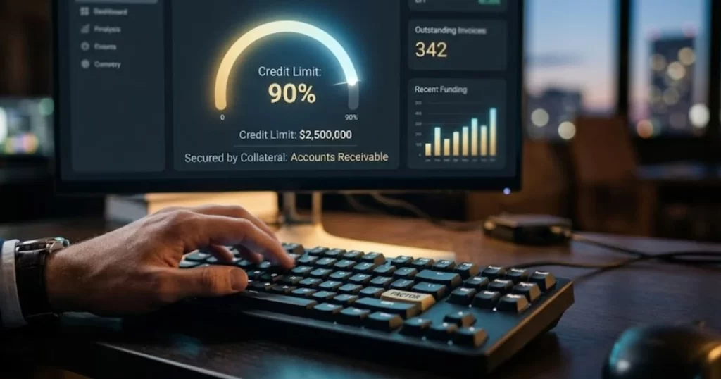 Business owner accessing a private line of credit secured by accounts receivable, showing confidentiality in financing