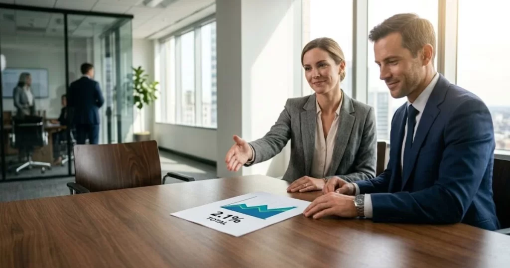 Business partners confidently finalizing a simple, one-page factoring agreement that includes all hidden fees in a single transparent rate.