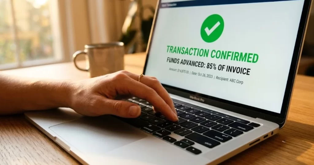 Close-up of a business owner clicking confirm to receive an immediate funds advance from a Net 60 invoice, showing fast funding speed.
