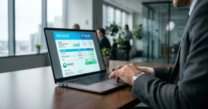 Close-up of a business owner reviewing digital invoices on a laptop, illustrating potential risks associated with hidden fees in invoice factoring contracts.