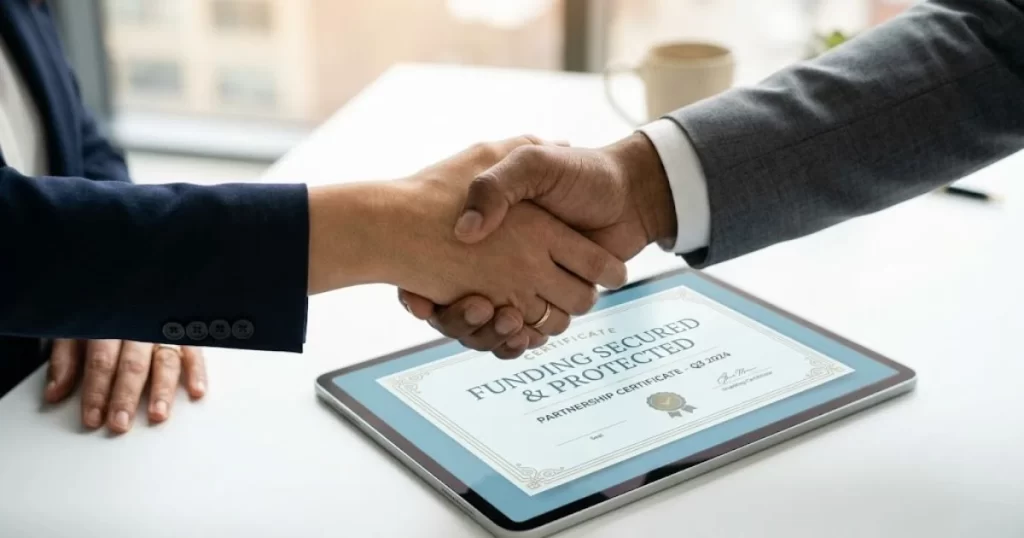 Close-up of a handshake between a small business owner and a finance provider over a 'FUNDING SECURED' graphic, concluding the guide on how does invoice discounting work for small business.