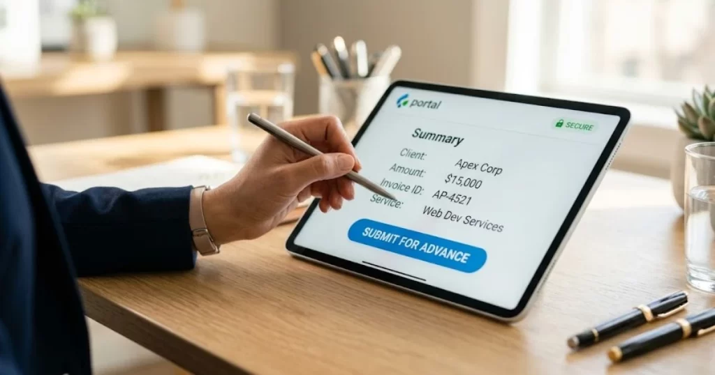 Close-up of a small business owner using a tablet to submit an invoice for immediate funding, illustrating a key step in how does invoice discounting work for small business.