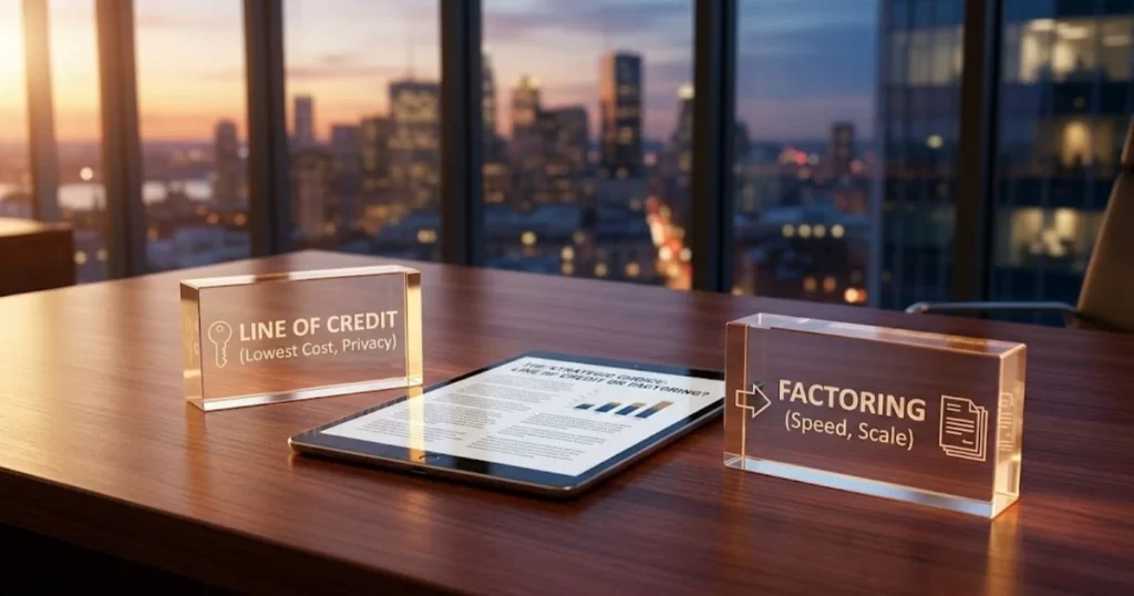 Comparison chart showing working capital line of credit vs factoring scalability for growing businesses.