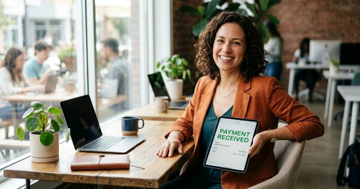 Confident small business owner celebrating paid invoice using flexible invoice factoring without monthly No Minimum Volume Invoice Factoring Companies in a modern office setting.
