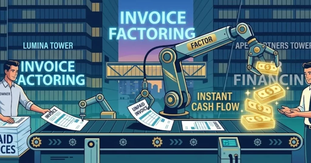 Illustration showing how invoice factoring quickly converts unpaid client invoices into immediate cash for business operations.