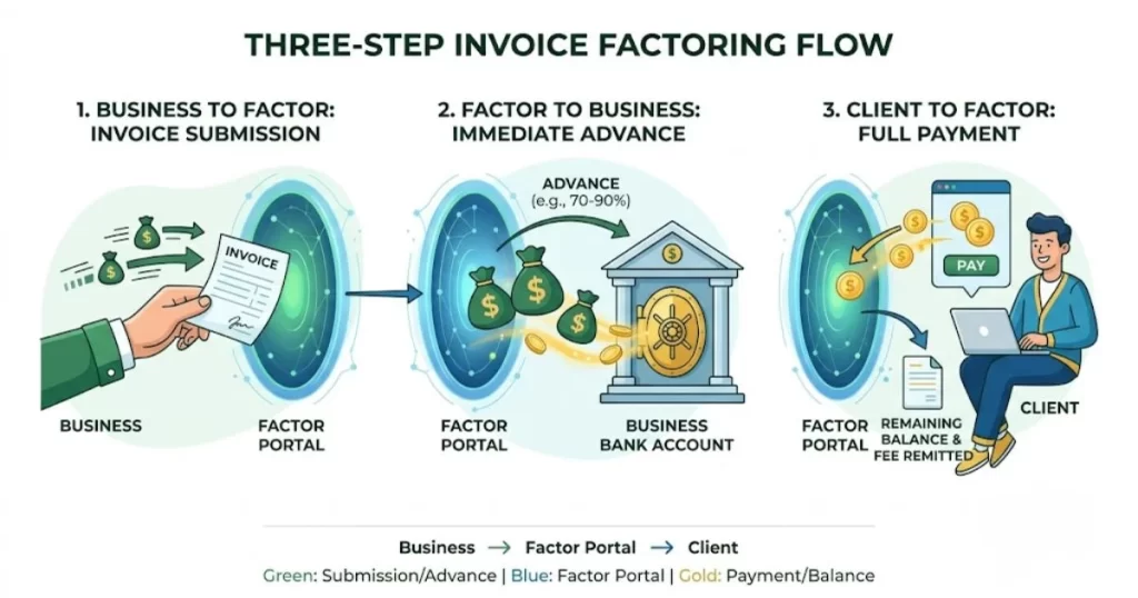Infographic illustrating the cash flow process when working with same day funding invoice factoring providers.