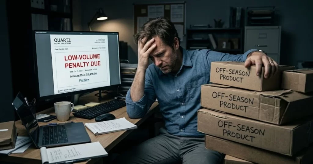 Stressed small business owner reviewing a low-volume penalty charge during an unpredictable revenue cycle caused by a rigid traditional invoice factoring agreement.