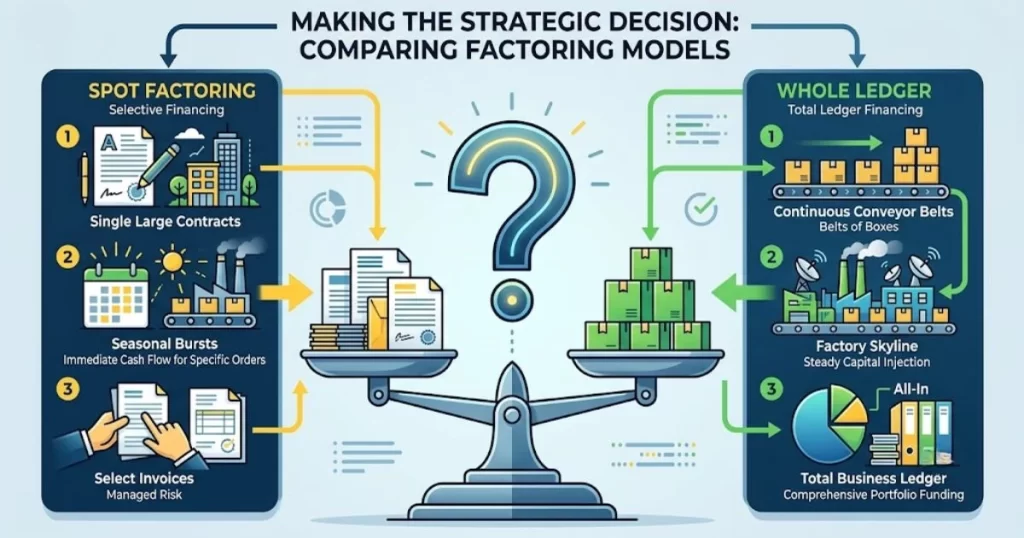 A strategic decision matrix comparing spot factoring vs whole ledger factoring, helping business owners choose the right cash flow solution based on stability and volume.