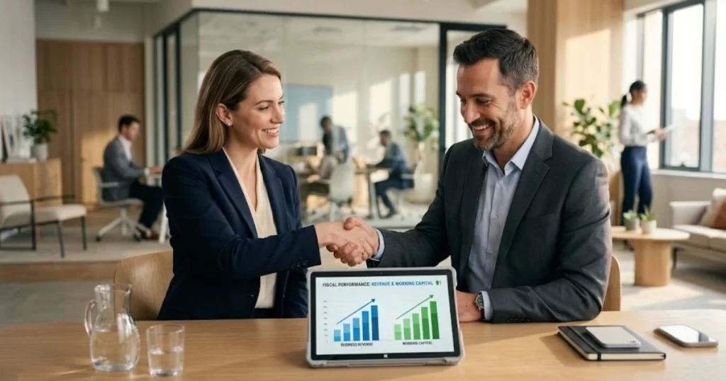 A successful business owner and a financial consultant shaking hands, symbolizing the successful partnership.