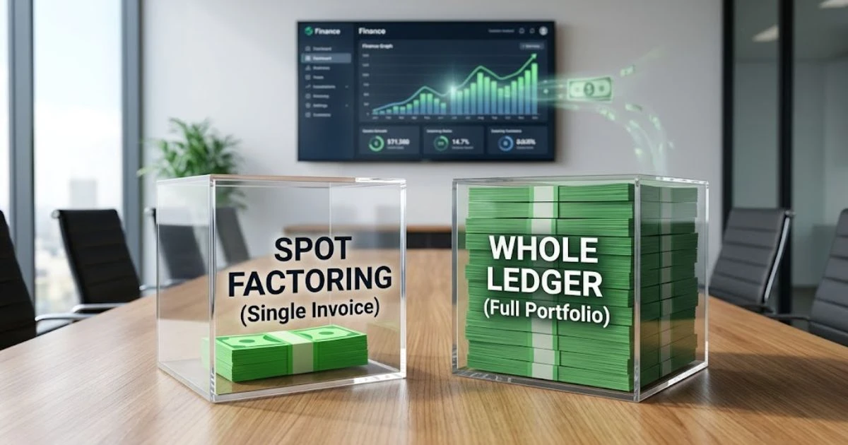 A visual comparison of spot factoring vs whole ledger factoring, showing a single large cash advance versus a continuous flow of funds filling a business portfolio.